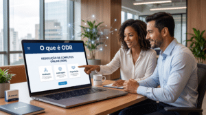 Dupla de profissionais olhando um laptop que exibe 'O que é ODR' e opções de Mediação, Arbitragem e Negociação.