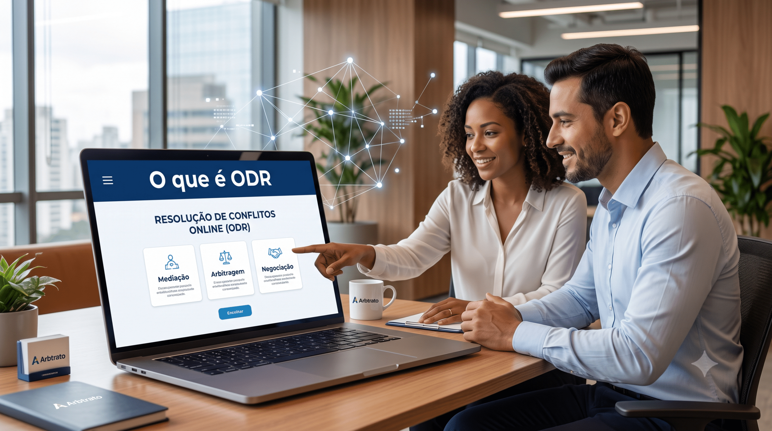 Dupla de profissionais olhando um laptop que exibe 'O que é ODR' e opções de Mediação, Arbitragem e Negociação.