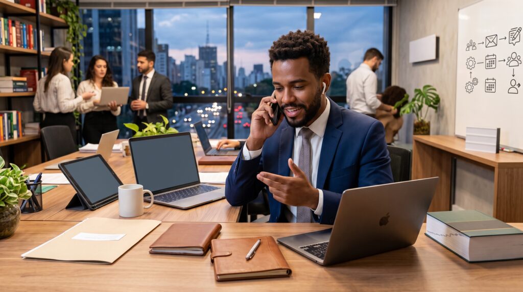 Jovem advogado trabalhando em escritório de advocacia moderno, conversando ao telefone com notebook, tablet e pastas sobre a mesa de madeira, em um ambiente corporativo com vista para a cidade. Representa advocacia jovem.