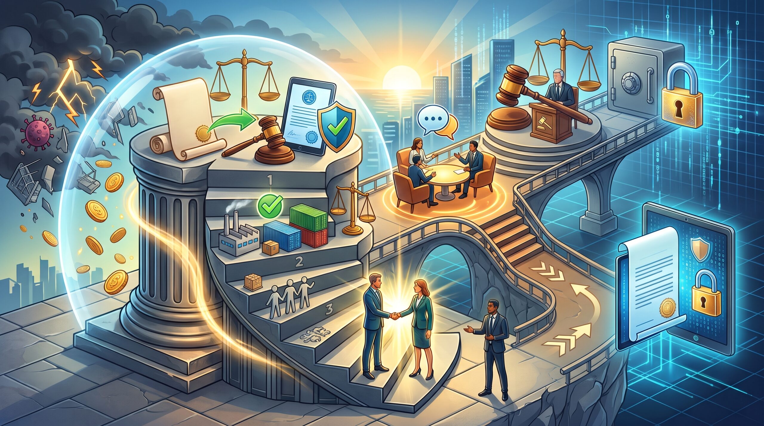 Ilustração conceitual em formato paisagem representando a segurança jurídica dos contratos. À esquerda, uma redoma protetora blinda uma estrutura e moedas contra ameaças externas, como tempestades e vírus. No centro, há uma escadaria de três degraus (simbolizando os requisitos de validade) contendo ícones de pessoas, produtos e um selo de aprovação. Na base, duas pessoas dão um aperto de mãos iluminado, representando o acordo e a boa-fé. Uma ponte conecta essa base a uma mesa de negociação com pessoas conversando (mediação) e, logo acima, a um juiz com martelo e balança da justiça (arbitragem), que leva a um cofre de segurança. À direita, o cenário ganha um tom azul tecnológico com um tablet exibindo um documento e um escudo com cadeado, simbolizando contratos digitais seguros. Não há nenhuma palavra escrita na imagem. Representa contrato.