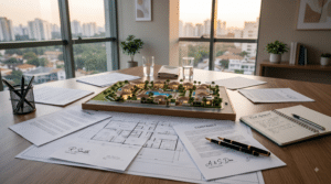 Fotografia de uma mesa de reunião executiva de madeira sob a luz suave do entardecer. No centro da mesa, destaca-se uma maquete física detalhada de um condomínio de luxo com piscinas e áreas verdes. Ao redor da maquete, estão dispostas plantas arquitetônicas, contratos impressos assinados, duas canetas-tinteiro de luxo, copos com água e um bloco de notas com a anotação manuscrita "Final Agreement". Ao fundo, amplas janelas de vidro do chão ao teto revelam a vista panorâmica desfocada de um horizonte urbano. A cena não contém pessoas, transmitindo um conceito de acordo, organização e resolução contratual em cotas imobiliárias.