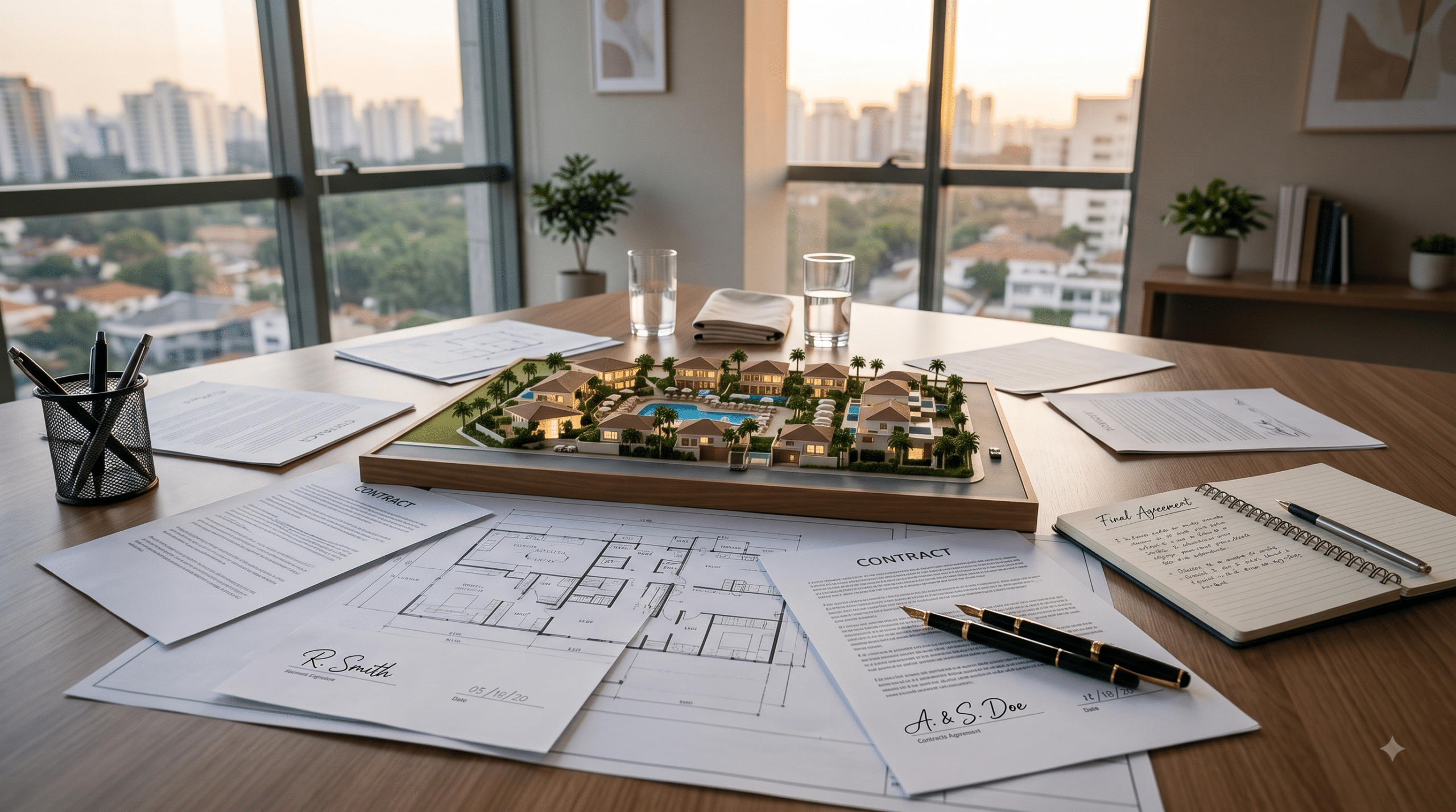 Fotografia de uma mesa de reunião executiva de madeira sob a luz suave do entardecer. No centro da mesa, destaca-se uma maquete física detalhada de um condomínio de luxo com piscinas e áreas verdes. Ao redor da maquete, estão dispostas plantas arquitetônicas, contratos impressos assinados, duas canetas-tinteiro de luxo, copos com água e um bloco de notas com a anotação manuscrita "Final Agreement". Ao fundo, amplas janelas de vidro do chão ao teto revelam a vista panorâmica desfocada de um horizonte urbano. A cena não contém pessoas, transmitindo um conceito de acordo, organização e resolução contratual em cotas imobiliárias.