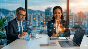 Um homem de terno usando uma interface de computador holográfica e uma mulher de terno sorrindo, sentados lado a lado em um escritório moderno com uma vista da cidade ao fundo. Sobre a mesa, há um laptop e uma xícara de café com a marca 'Arbtrato'. Representa Por que aprender sobre Mediação e Arbitragem Online.