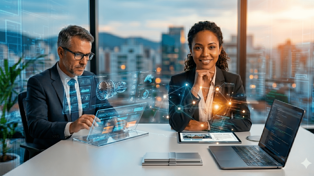 Um homem de terno usando uma interface de computador holográfica e uma mulher de terno sorrindo, sentados lado a lado em um escritório moderno com uma vista da cidade ao fundo. Sobre a mesa, há um laptop e uma xícara de café com a marca 'Arbtrato'. Representa Por que aprender sobre Mediação e Arbitragem Online.