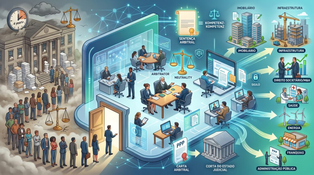 Ilustração em formato de infográfico comparando a Justiça comum — representada por filas e acúmulo de papéis — com o sistema moderno de arbitragem online, cercado por cenas de negociações em setores como mercado imobiliário, construção civil, saúde e energia. Representa atuação da câmara arbitral.