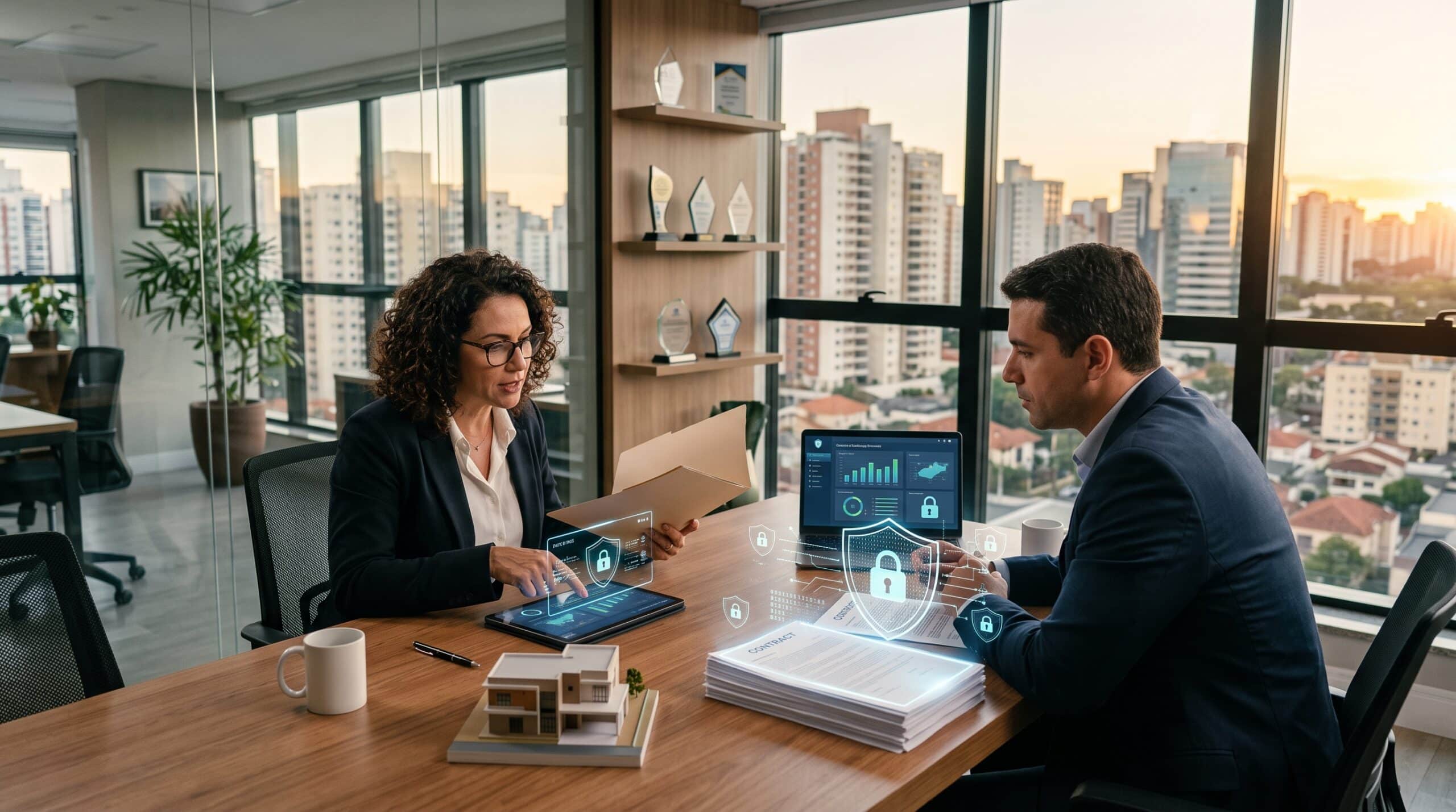 Dois profissionais num escritório moderno a analisar documentos junto a uma maquete de casa e portátil, com ícones digitais de escudos e cadeados a flutuar sobre a mesa, simbolizando a proteção de dados no setor imobiliário. Representa LGPD no mercado imobiliário.
