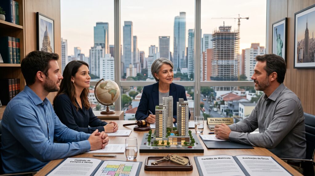 Três pessoas reunidas em uma sala de reunião com vista para a cidade, participando de uma sessão de arbitragem imobiliária comandada por uma árbitra ao centro. Sobre a mesa de madeira estão uma maquete física de um edifício residencial moderno, plantas arquitetônicas, um martelo de arbitragem, documentos contratuais e uma chave de imóvel. Representa arbitragem na área imobiliária.