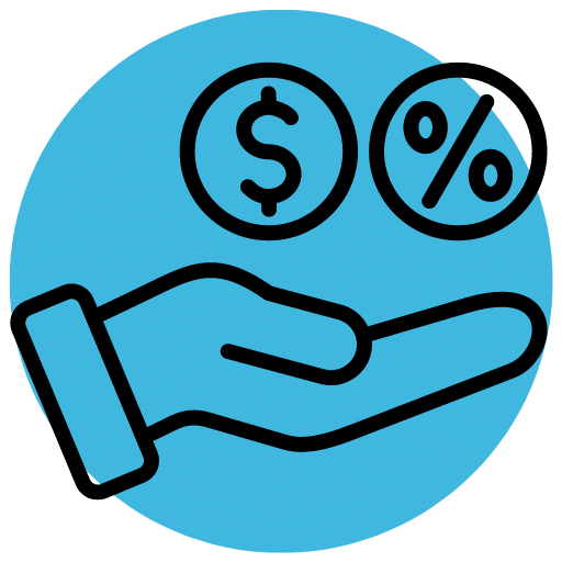 Ícone em fundo azul. Mão segurando moeda com símbolo de dinheiro e outra com símbolo de porcentagem. Representa negociação de débitos na arbitragem