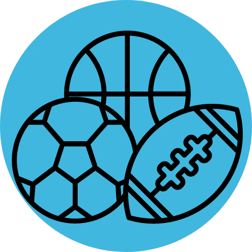 Ícone de fundo azul com bola de futebol americano, basquete e futebol. Representa arbitragem esportiva. 