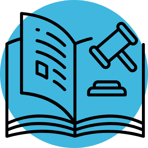 Ícone de livro com fundo azul. Representa jurisprudência e arbitragem.