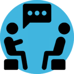 Ícone de fundo azul com duas pessoas conversando. Representa psicologia na mediação.