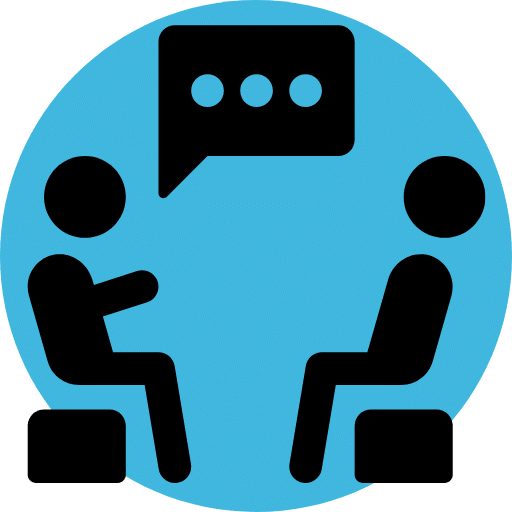 Ícone de fundo azul com duas pessoas conversando. Representa psicologia na mediação. 