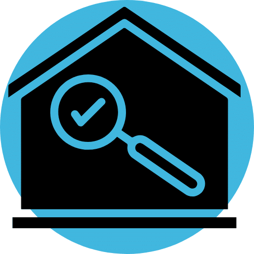 Ícone de fundo azul. Casa com lupa e símbolo de check. representa a posse do imóvel verificada no usucapião 2024. 