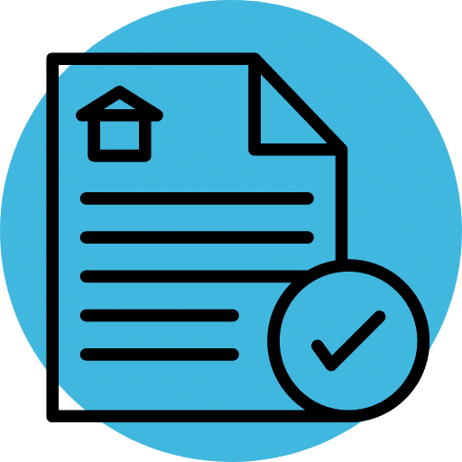 Ícone de fundo azul com documento, símbolo de check e casa. Representa usucapião 2024 com sucesso.