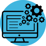Ícone de fundo azul com computador e engrenagens. representa atualização da plataforma maio.
