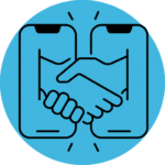 Ícone de fundo azul com dois celulares e mãos sendo apertadas. Representa plataforma para mediação e arbitragem.