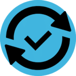 Ícone de fundo azul com setas em círculo e check no meio. Representa atualização da plataforma maio.