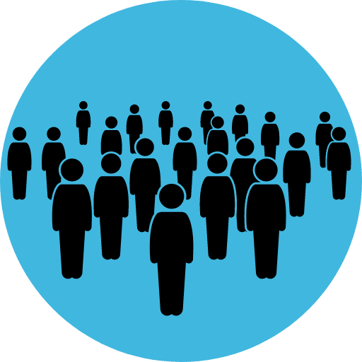 Ícone de fundo azul com várias pessoas. representa Arbitragem na administração pública