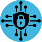 Ícone de fundo azul, com cadeado dentro de um escudo e linhas de conexão. Representa privacidade e arbitragem.