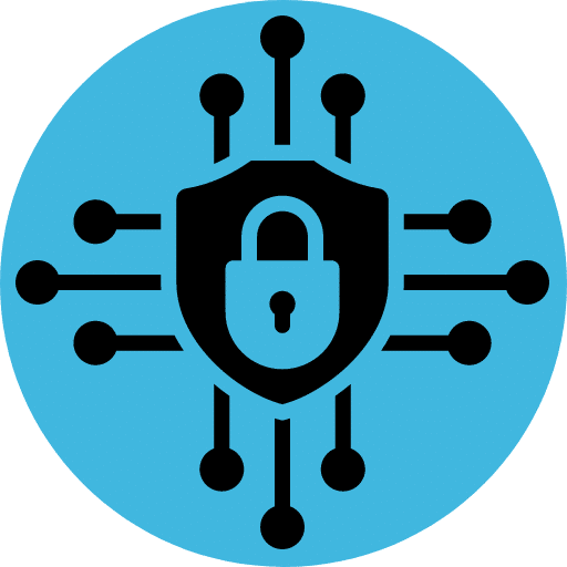 Ícone de fundo azul, com cadeado dentro de um escudo e linhas de conexão. Representa privacidade e arbitragem.