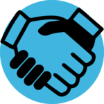 Ícone de fundo azul. Mãos apertando. Representa acordo em procedimento arbitral.