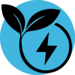 Ícone de fundo azul com símbolo de energia e folha. Representa arbitragem na energia renovável.