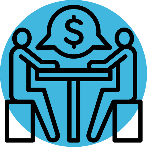 Ícone de fundo azul com duas pessoas sentadas conversando. Da boca delas, balão de fala com símbolo de dinheiro. Representa mediação e arbitragem e negociação