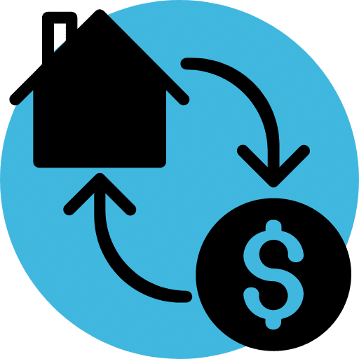 Ícone de fundo azul com uma casa, seta para dinheiro e seta de volta para cada. Representa termo de desocupação amigável no contrato de aluguel. 