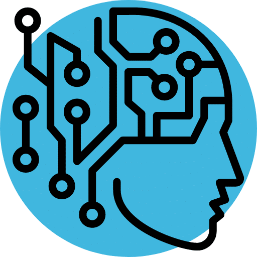 Ícone de fundo azul, com rosto e ligações. Representa arbitragem e inteligência artificial.