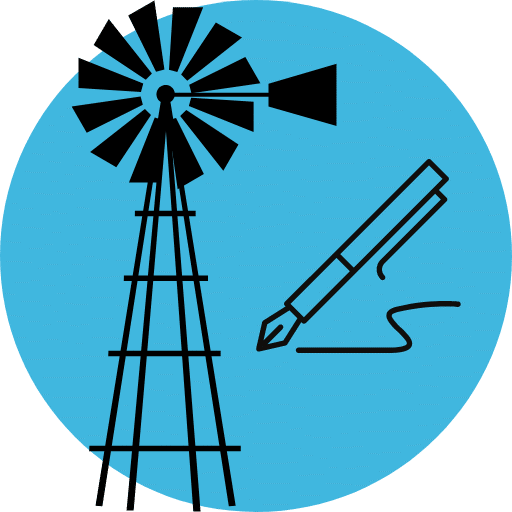 Ícone de fundo azul com vento e assinatura. Representa arbitragem e propriedade rural.