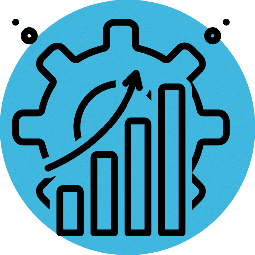 Ícone de fundo azul com gráficos e engrenagem. Representa mediação em startups e eficiência operacional