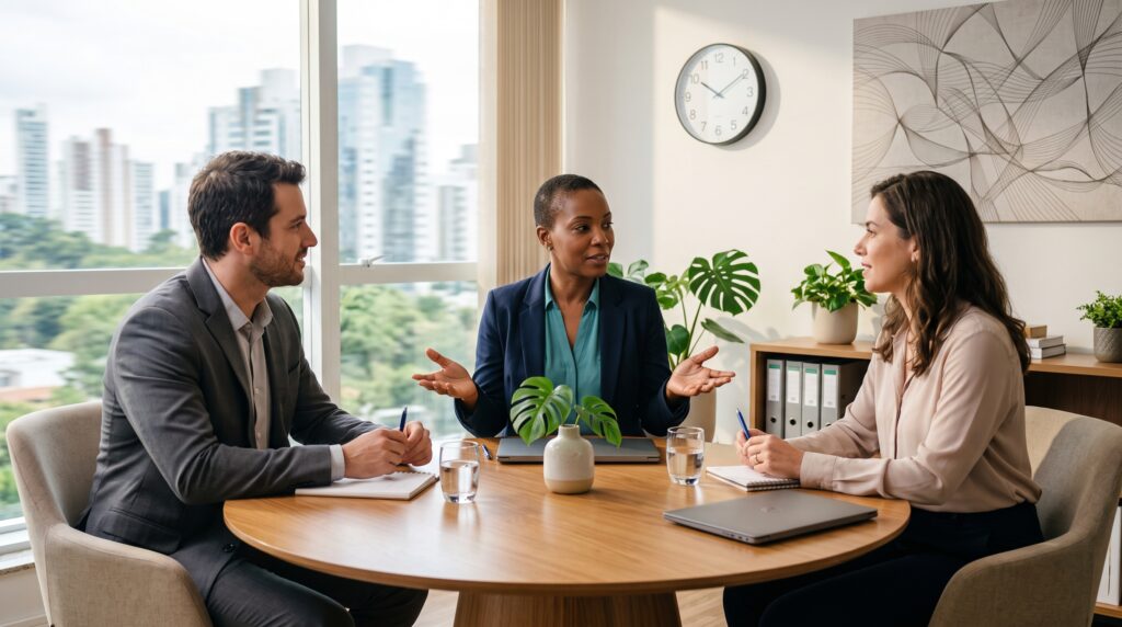 Mediador conduz uma conversa entre duas pessoas em uma mesa de reunião de um escritório moderno, ilustrando o que é mediação na prática. Representa o que é mediação.