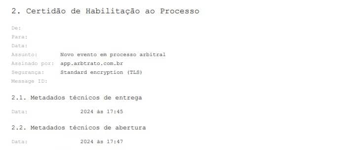 Certidão de Habilitação ao Processo com metadados técnicos