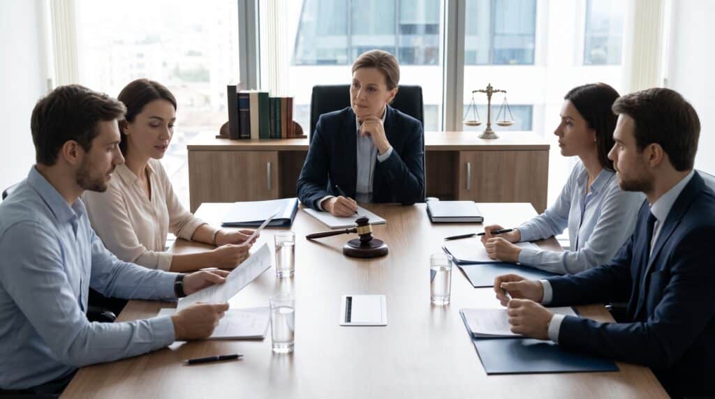 Reunião de mediação e justiça arbitral para resolução rápida de conflitos corporativos.