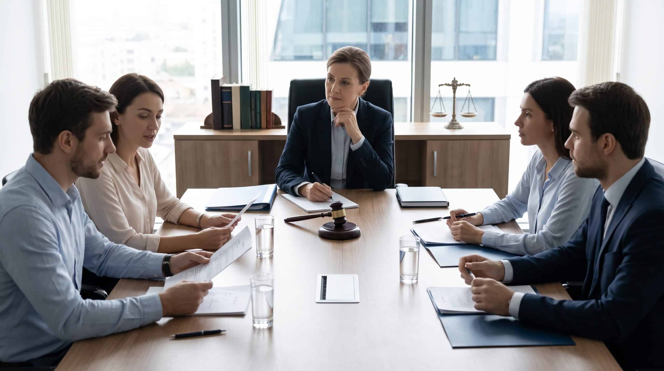 Reunião de mediação e justiça arbitral para resolução rápida de conflitos corporativos.