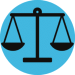 Ícone de fundo azul com balança da justiça. Representa justiça arbitral.