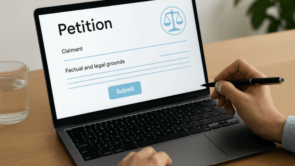 Pessoa preenchendo petição online em plataforma de arbitragem, com formulário digital aberto no notebook — ilustração prática de o que é petição.