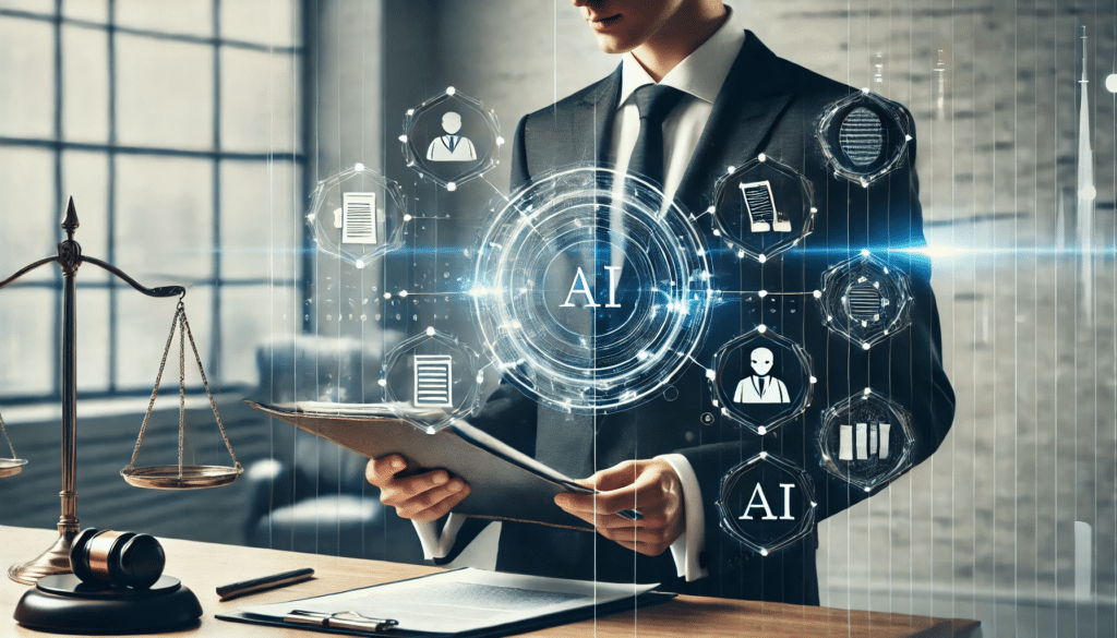 Advogado em um escritório moderno analisando documentos, com uma interface holográfica de inteligência artificial exibindo gráficos e ícones jurídicos, simbolizando a integração da inteligência artificial no direito.