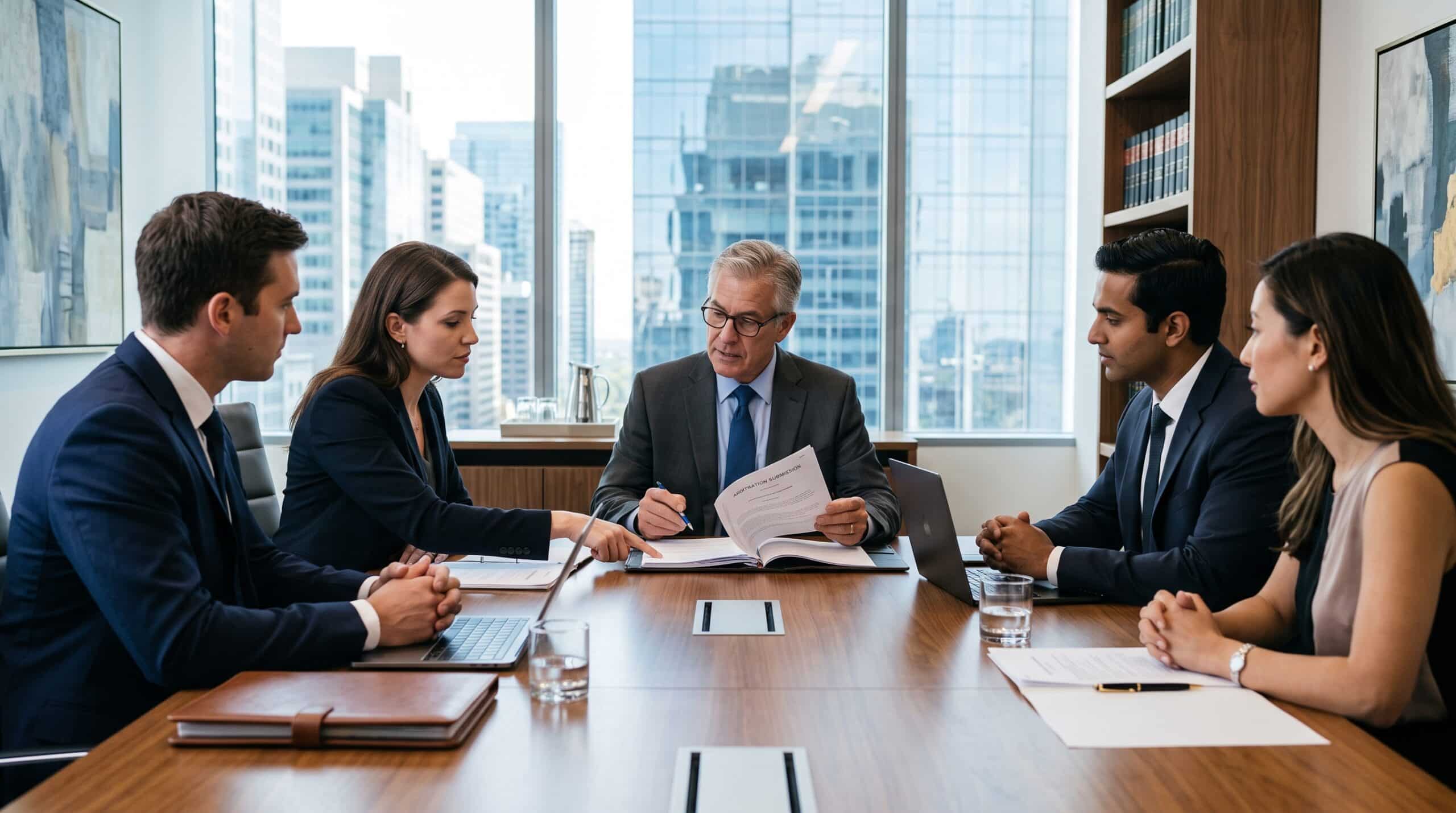 Profissionais e advogados reunidos em uma sala de reunião corporativa analisando documentos para iniciar um processo de arbitragem.