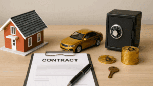 Miniatura de casa, carro dourado, cofre, moedas e contrato sobre mesa — representação simbólica dos direitos disponíveis e bens patrimoniais negociáveis.