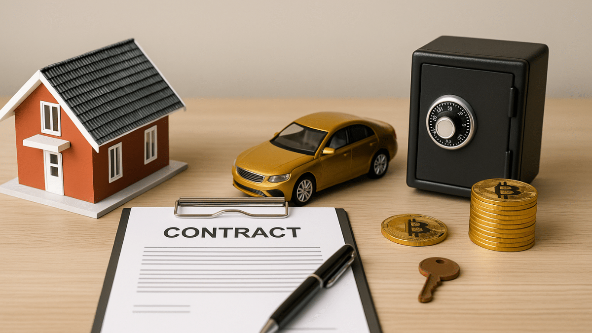 Miniatura de casa, carro dourado, cofre, moedas e contrato sobre mesa — representação simbólica dos direitos disponíveis e bens patrimoniais negociáveis.
