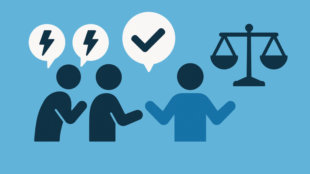 Ilustração minimalista com pessoas em conflito sendo mediadas por um terceiro, simbolizando a alternativa de resolver conflitos sem processo judicial.