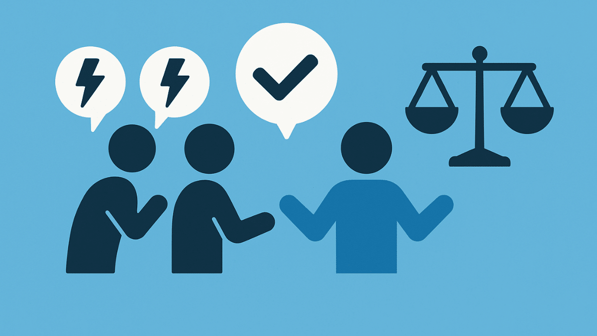 Ilustração minimalista com pessoas em conflito sendo mediadas por um terceiro, simbolizando a alternativa de resolver conflitos sem processo judicial.