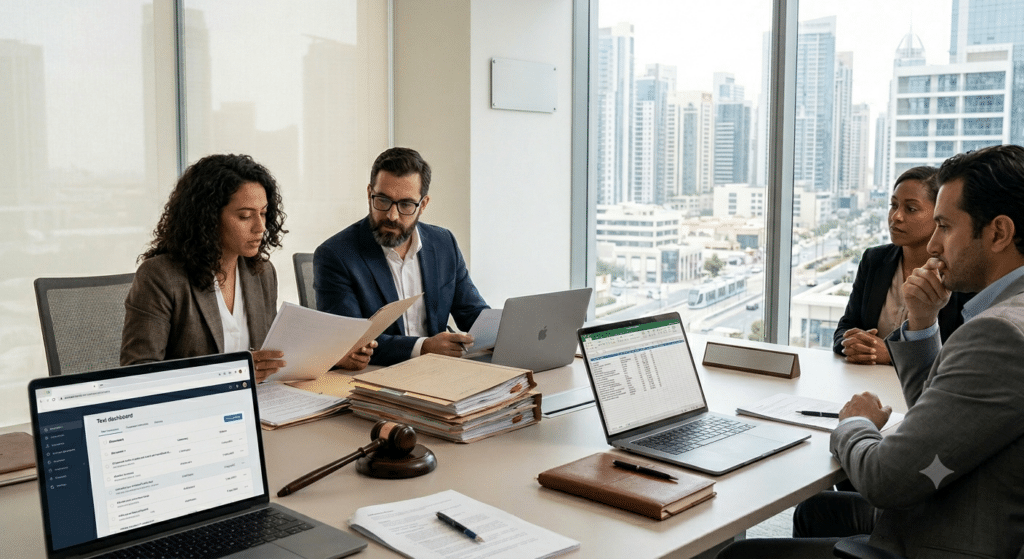 Imagem de pessoas em mesa, com computadores. Represente porque arbitragem online é rápida.