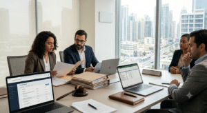 Imagem de pessoas em mesa, com computadores. Represente porque arbitragem online é rápida.