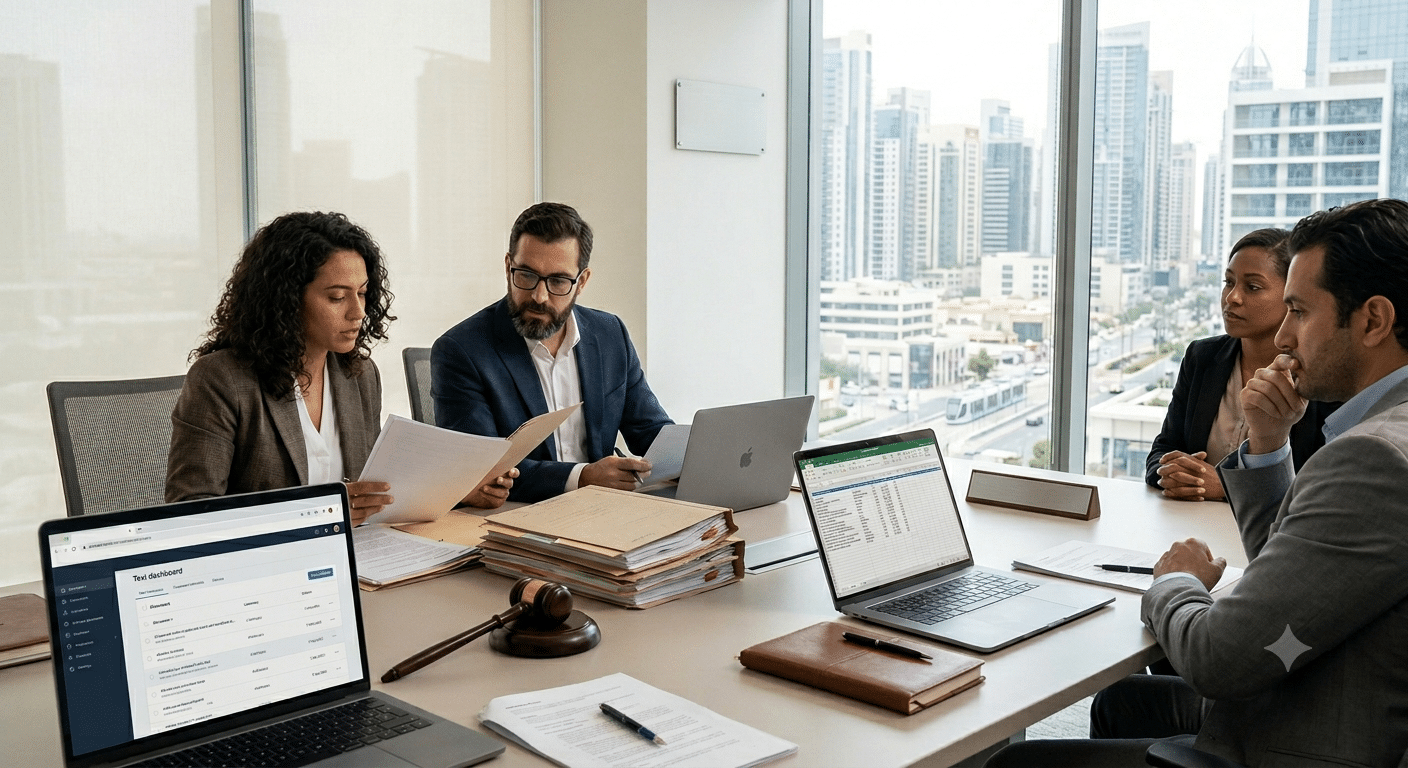 Imagem de pessoas em mesa, com computadores. Represente porque arbitragem online é rápida.