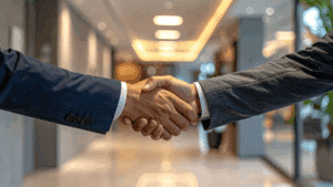 Imagem de duas pessoas de terno dando as mãos, depois de resolver problemas.