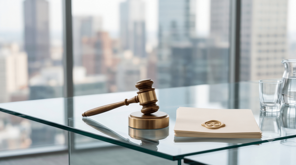 Judge's gavel rests on a glass desk beside a sealed document in a bright office overlooking a cityscape, blurred in the background.