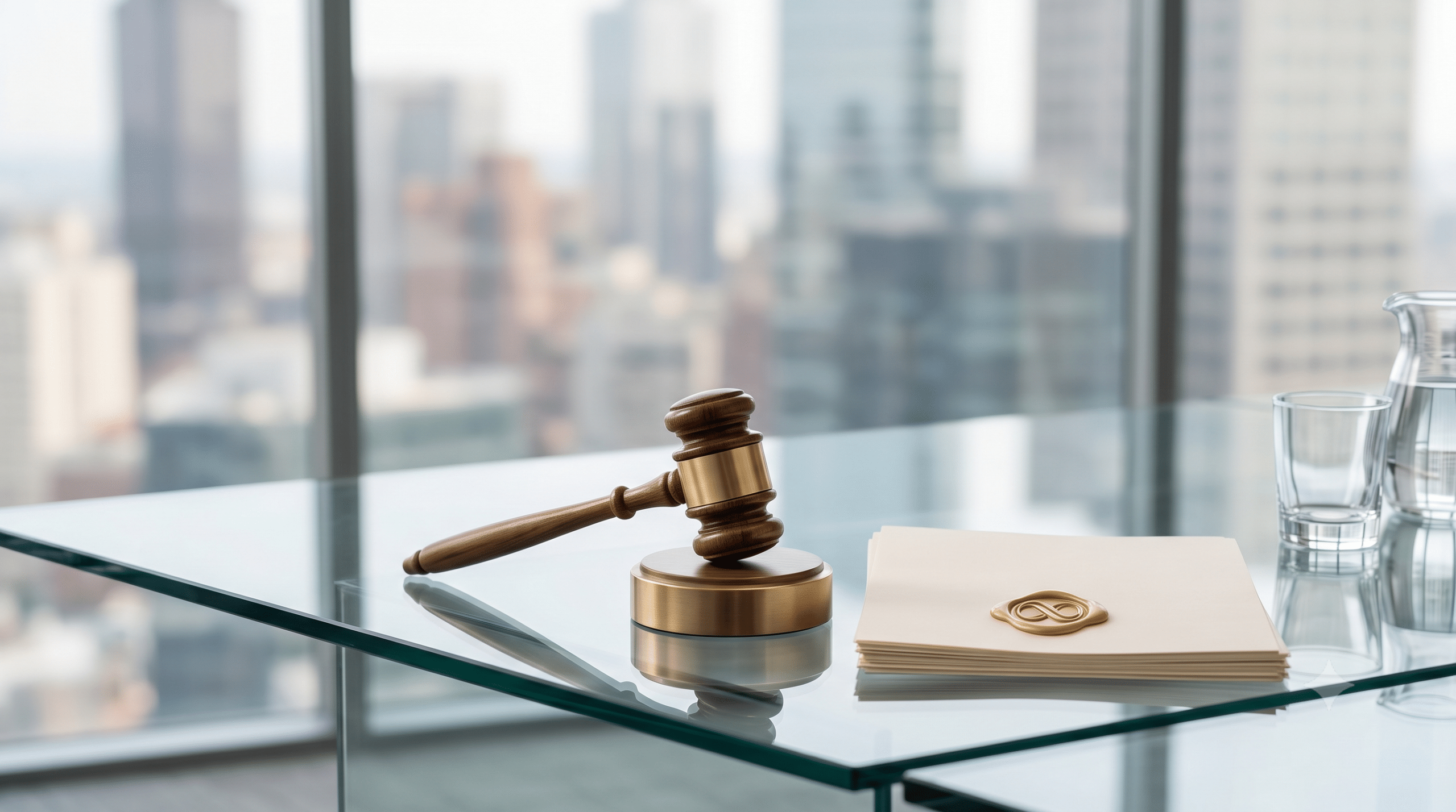 Judge's gavel rests on a glass desk beside a sealed document in a bright office overlooking a cityscape, blurred in the background.
