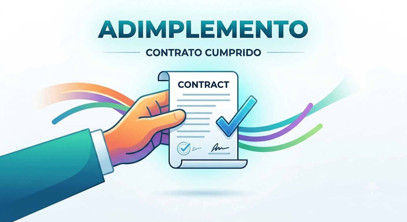 Hand holding a signed contract with a blue checkmark and colorful ribbons behind it, captioned 'Contrato Cumprido'.